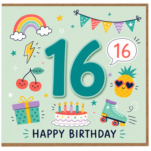16th Birthday Card, Colourful Teen Birthday Card with Rainbow, Cake and Fun Party Icons