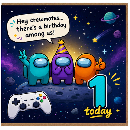 1st Birthday Card, Among Us Gamer Birthday Card, 1 Today Crewmates Space Party Card