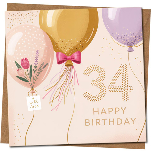 34th Birthday Card, Elegant Balloons and Flowers Design, 145mm x 145mm, Includes Kraft Envelope