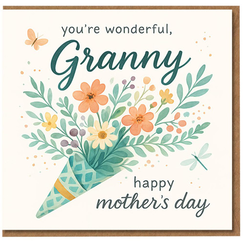 Granny Mother's Day Card - 'You're Wonderful, Granny' Floral Bouquet with Butterflies - Happy Mother's Day Greeting for Granny