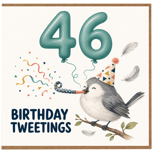 46th Birthday Card, Birthday Tweetings Card with Cute Bird and Party Hat