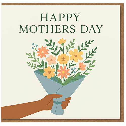 Mother's Day Card for Mum - Happy Mothers Day Floral Bouquet Illustration, Hand Holding Spring Flowers, Modern Minimal Design