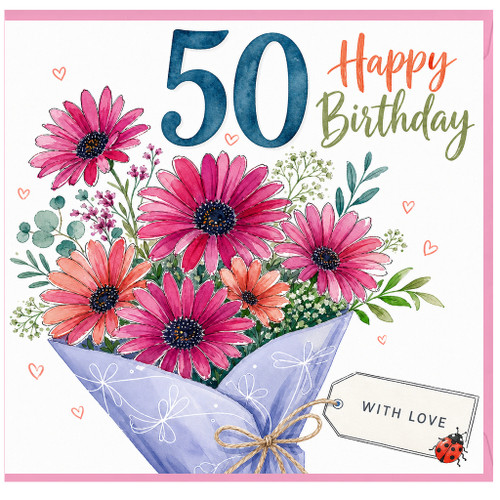 50th Birthday Card, Happy Birthday Floral Bouquet Card