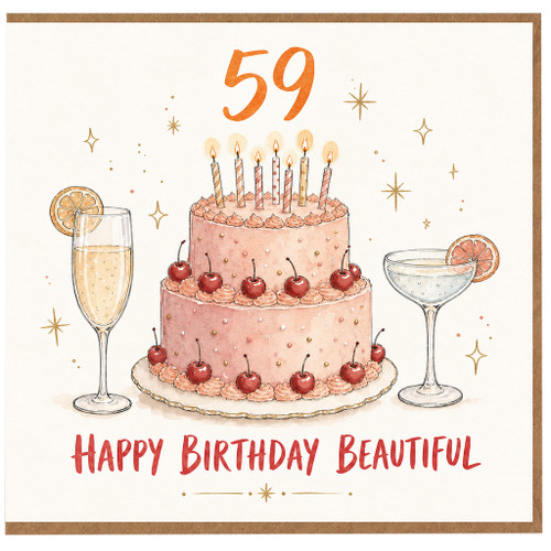 59th Birthday Card, Happy Birthday Beautiful Cake and Champagne Design