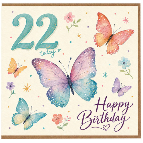 22nd Birthday Card, Happy Birthday Butterfly Card