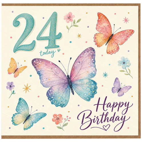 24th Birthday Card, Happy Birthday Butterfly Card