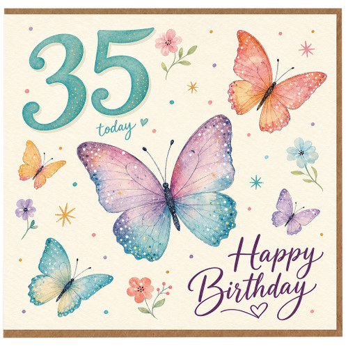35th Birthday Card, Butterfly Floral Happy Birthday Card