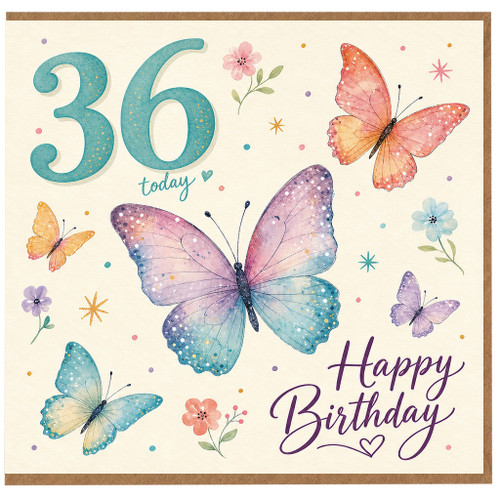 36th Birthday Card, Happy Birthday Butterfly Design