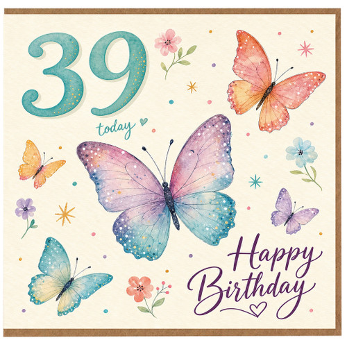 39th Birthday Card, Butterfly Floral Happy Birthday Card
