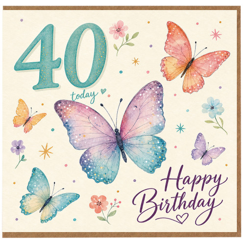 40th Birthday Card, Floral Butterfly Happy Birthday Card