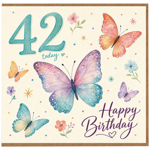 42nd Birthday Card, Butterfly Floral Happy Birthday Card