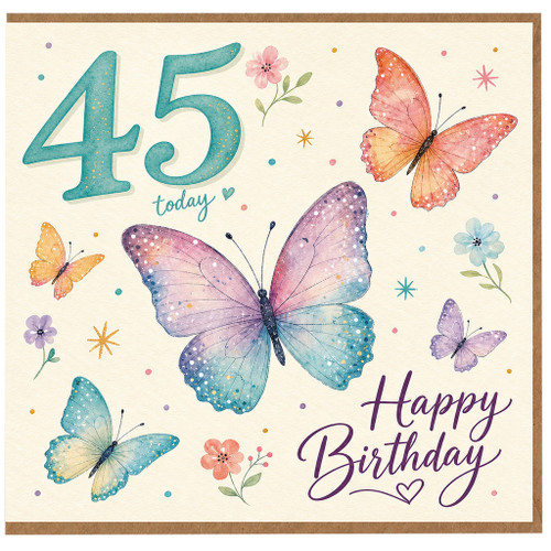 45th Birthday Card, Butterfly Happy Birthday Card
