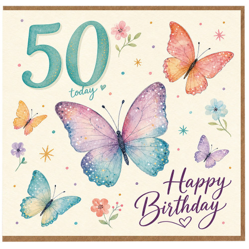 50th Birthday Card, Happy Birthday Butterfly Card
