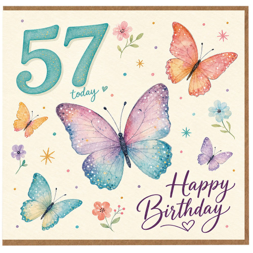 57th Birthday Card, Happy Birthday Butterflies and Flowers Card