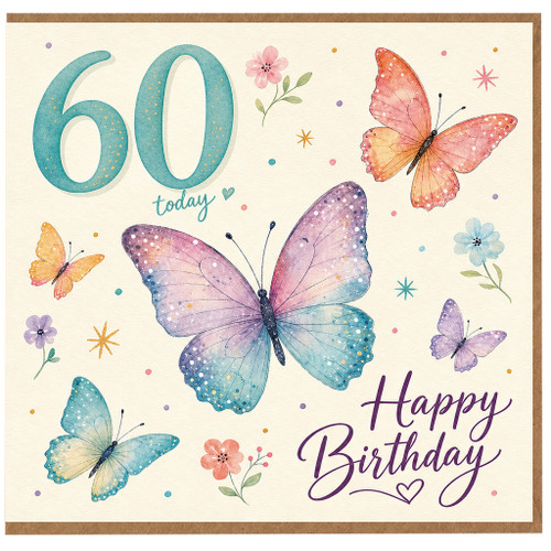 60th Birthday Card, Butterfly Floral Happy Birthday Card