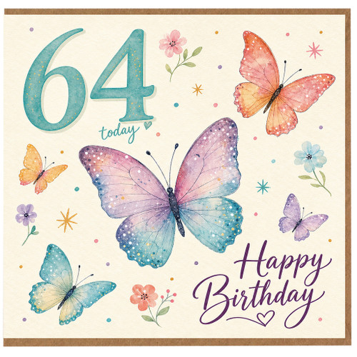 64th Birthday Card, Butterfly Happy Birthday Card