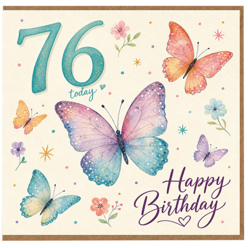 76th Birthday Card, Butterfly and Flower Happy Birthday Card