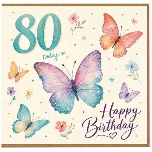 80th Birthday Card, Butterfly Design Happy Birthday Card for Her, 80 Today Greeting Card