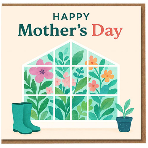 Happy Mother's Day Card for Mum - Greenhouse Floral Design with Teal Wellies and Potted Plant