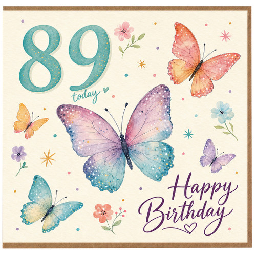 89th Birthday Card, Happy Birthday Butterflies and Floral Design