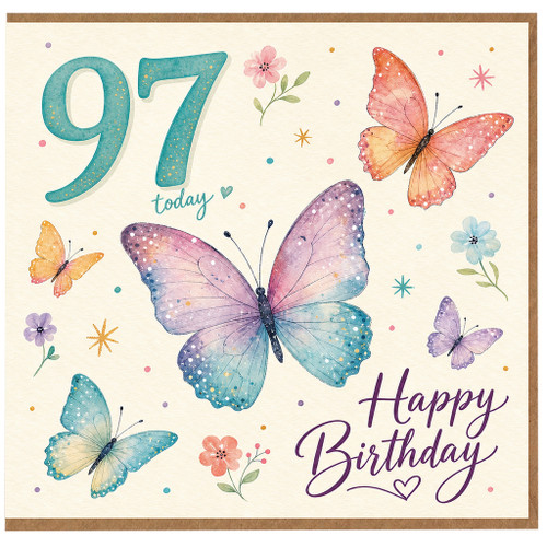 97th Birthday Card, Butterfly Design Happy Birthday Card