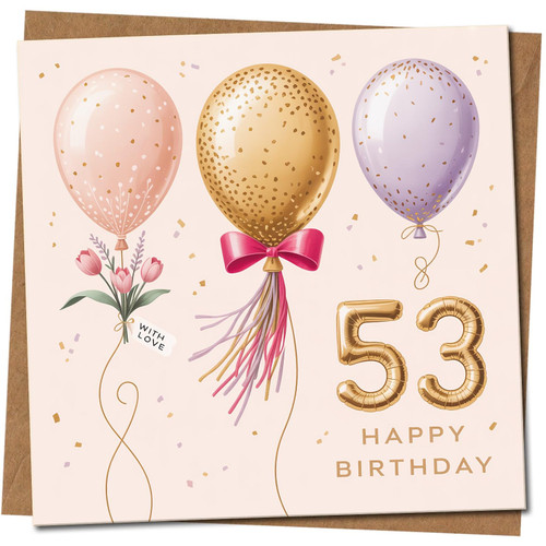 53rd Birthday Card - Balloons & Confetti - Square 145mm x 145mm - Elegant Gold Number 53, Includes Kraft Envelope
