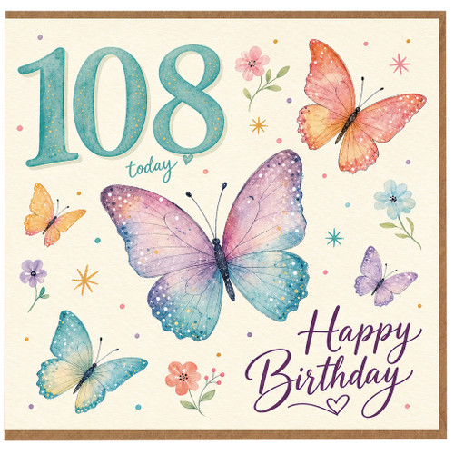 108th Birthday Card, Butterfly Floral Happy Birthday Card