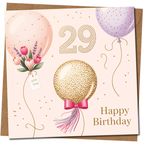 29th Birthday Card - Balloons & Gold Confetti Design, Pink Square Greeting Card, 145mm x 145mm - Happy Birthday, Includes Kraft Envelope