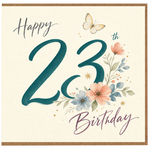 23rd Birthday Card, Happy Birthday Floral Butterfly Card