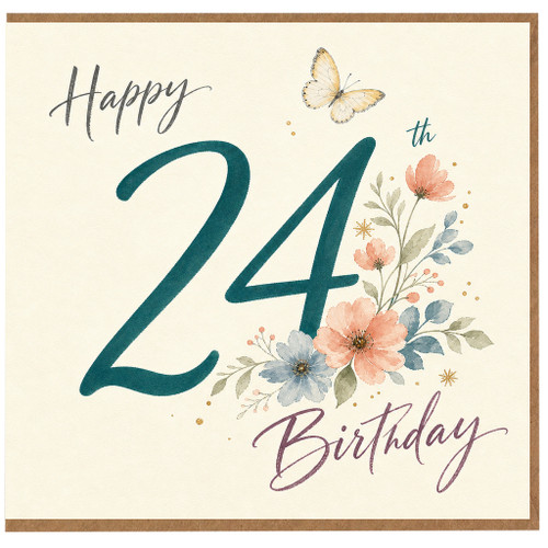 24th Birthday Card, Floral Butterfly Happy Birthday Card