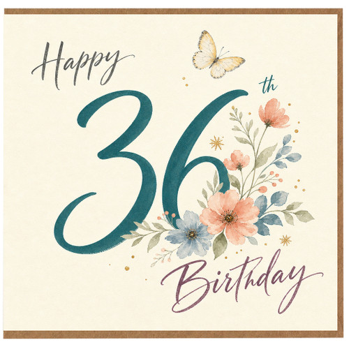 36th Birthday Card, Floral Butterfly Happy Birthday Card