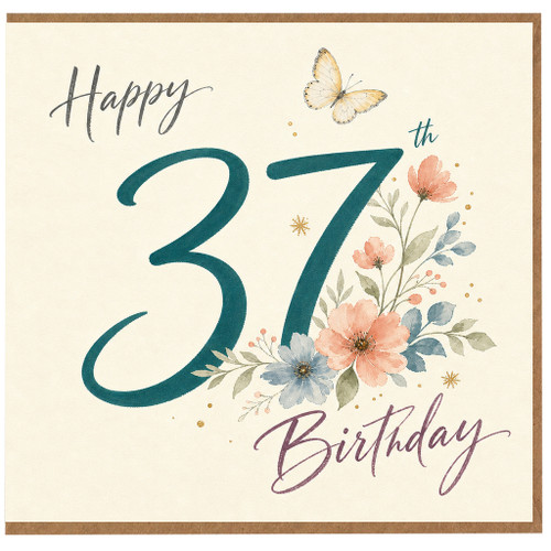 37th Birthday Card, Happy 37th Birthday Floral Butterfly Card