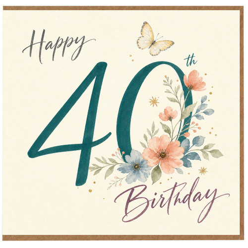 40th Birthday Card, Happy 40th Birthday Floral Butterfly Card