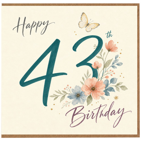 43rd Birthday Card, Floral Butterfly Happy Birthday Card