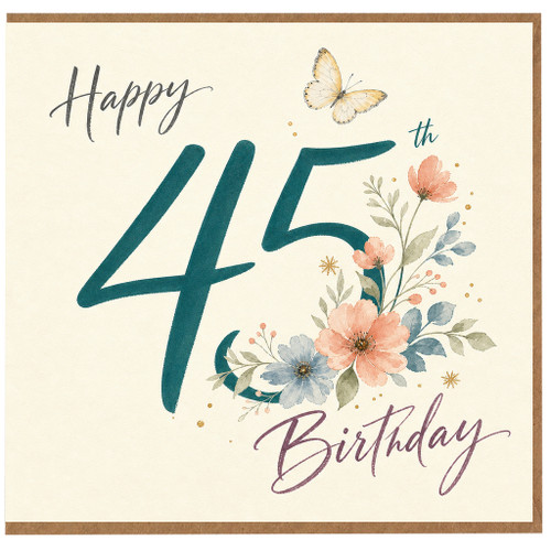 45th Birthday Card, Floral Butterfly Happy Birthday Card
