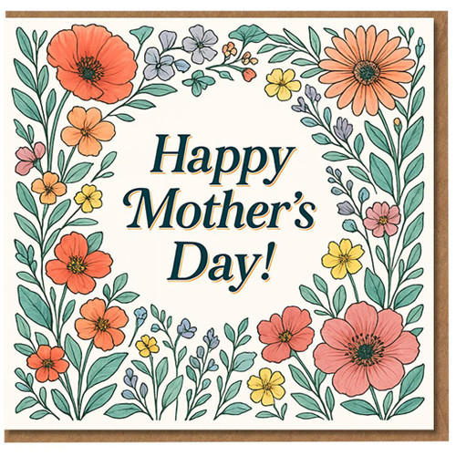 Happy Mother's Day Card for Mum - Hand-Drawn Floral Flower Border, Heartfelt Mothering Sunday Greeting Card
