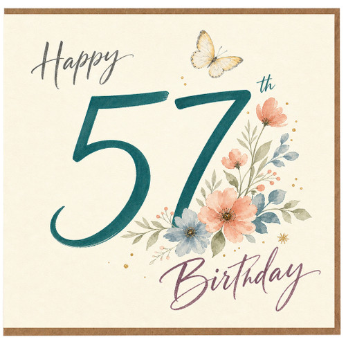 57th Birthday Card, Happy 57th Birthday Floral Butterfly Card