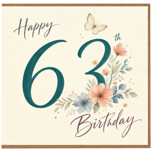 63rd Birthday Card, Happy 63rd Birthday Floral Butterfly Card