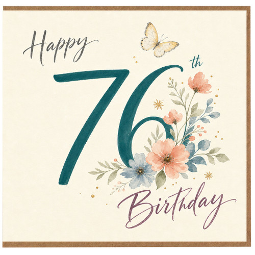 76th Birthday Card, Happy 76 Birthday Card with Floral Butterfly Design