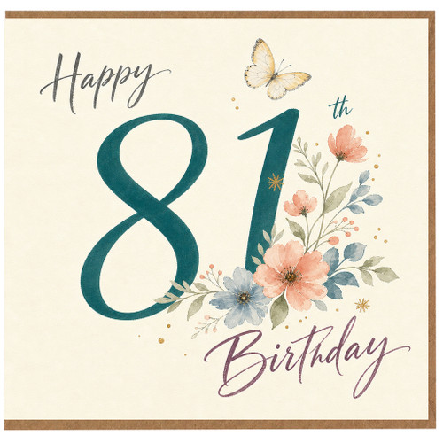 81st Birthday Card, Floral Butterfly Happy Birthday Card