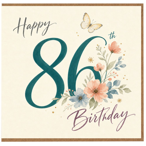 86th Birthday Card, Floral Butterfly Happy Birthday Card