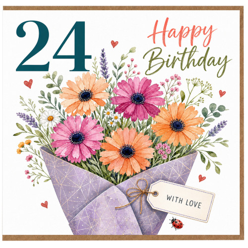24th Birthday Card, Floral Bouquet Happy Birthday Card With Love