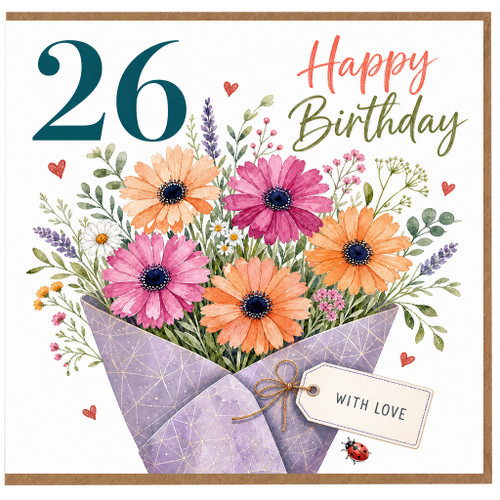 26th Birthday Card, Happy Birthday Floral Bouquet Card