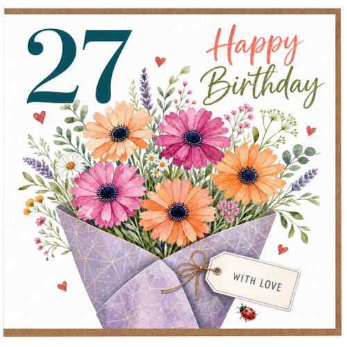 27th Birthday Card, Happy Birthday Floral Bouquet Card With Love