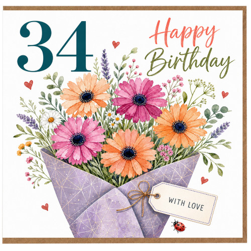 34th Birthday Card, Happy Birthday Floral Bouquet Card