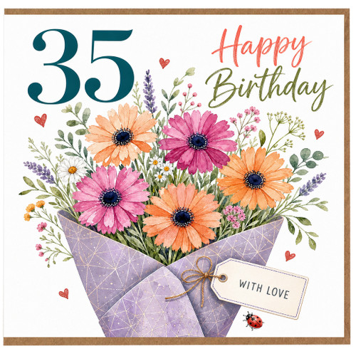 35th Birthday Card, Happy Birthday Floral Bouquet Card With Love