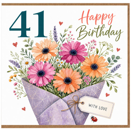41st Birthday Card, Happy Birthday Floral Bouquet With Love Card