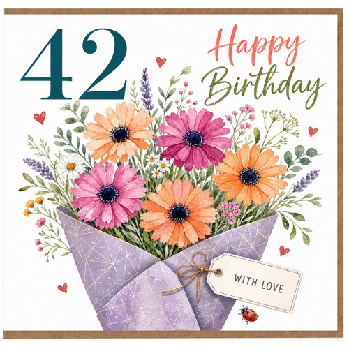 42nd Birthday Card, Happy Birthday Floral Bouquet Card