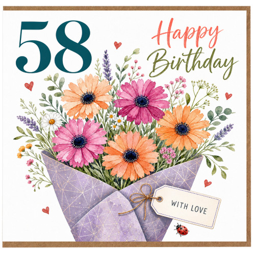 58th Birthday Card, Happy Birthday Floral Bouquet With Love Design
