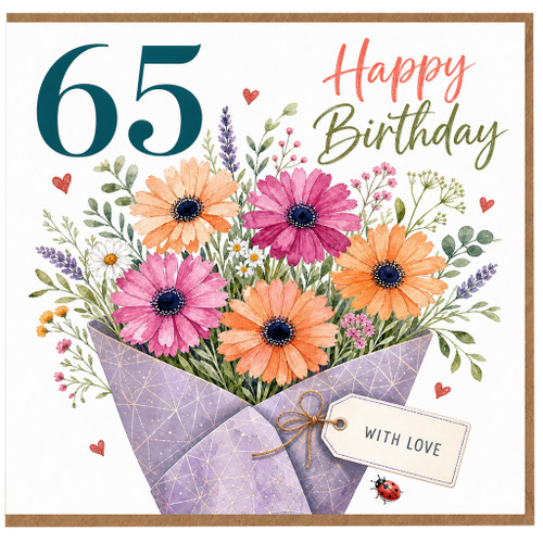 65th Birthday Card, Happy 65th Birthday Floral Bouquet Card, With Love